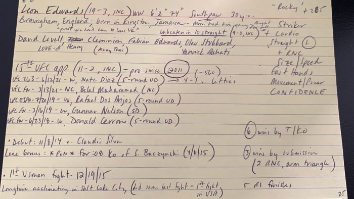 Jon Anik’s notecard for Leon Edwards at UFC 278.